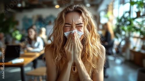 A woman with curly hair is crying while holding a tissue in a caf?.