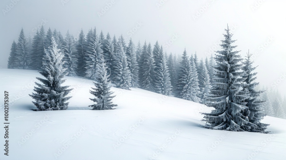 Snowy forest with fog, frost-covered pine trees, and a vast expanse of snow. AI generative. . Snowy forest with fog, frost-covered pine trees, and a vast expanse of snow. AI generative. .
