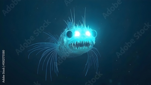 Captivating close up view of a deep sea dragonfish with its sharp needle like teeth and a glowing bioluminescent chin barbel photo