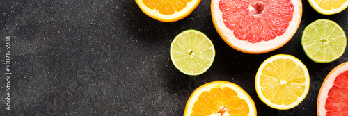 Half of citrus fruits on dark stone background