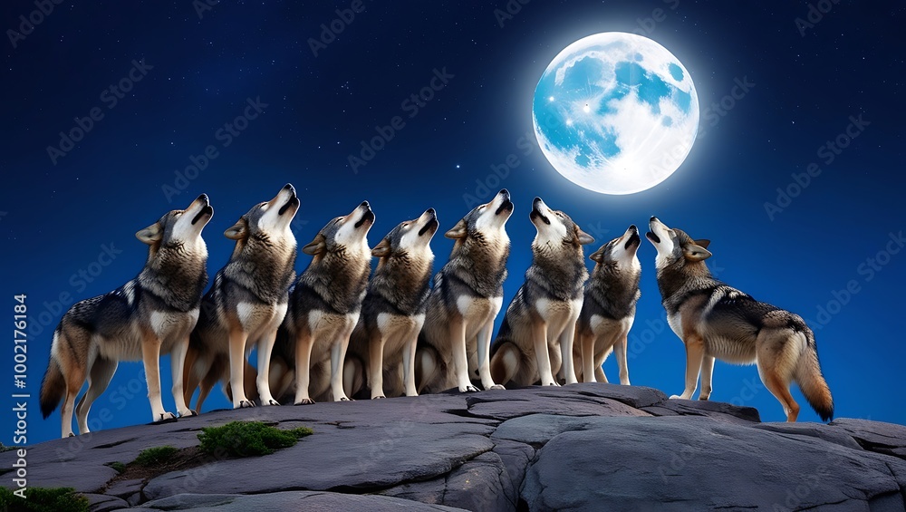 Naklejka premium Immerse yourself in the enchanting atmosphere of a full moon night with this captivating image of a pack of wolves howling atop a rocky hill. 