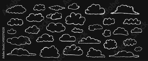 Set of realistic hand chalk drawn fluffy clouds. Vector illustration of collection of black eddy on white background. Imitation of children drawing with pencils contour design element in doodle style.