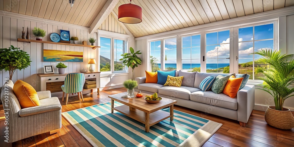 Create a serene beach house by incorporating soft hues, woven textures, and coastal accents, fostering a warm Create a serene beach house by incorporating soft hues, woven textures, and coastal accents, fostering a warm