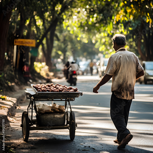 Fototapeta Naklejka Na Ścianę i Meble -  Street vendor walking and pushing a cart full of food in the street of india