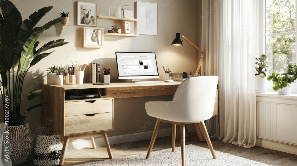 Fototapeta premium A modern home office workspace with Scandinavian-style furniture, soft lighting, and a laptop open on the desk.