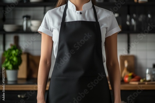 Fototapeta Naklejka Na Ścianę i Meble -  close-up photo of woman in black chef apron mockup on kitchen background