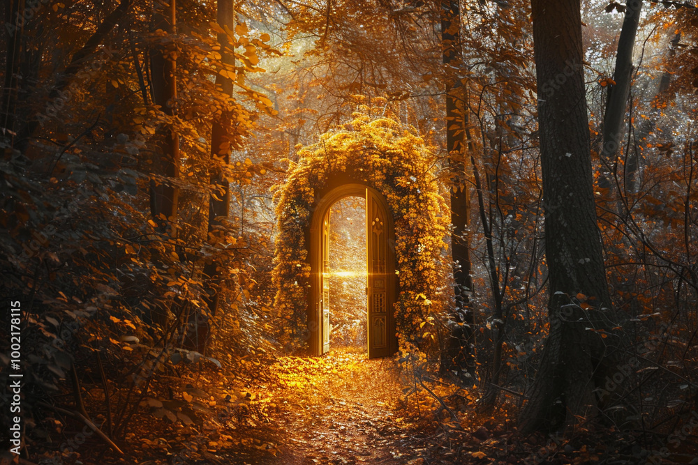 Fototapeta premium A fantastically beautiful door in forest leading to the unknown