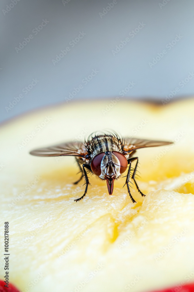 Obraz premium Macro shot of a common housefly sitting on a juicy apple slice, highlighting the intricate details of its compound eyes and wings.