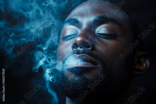 A man with his eyes closed and smoke coming out of his mouth