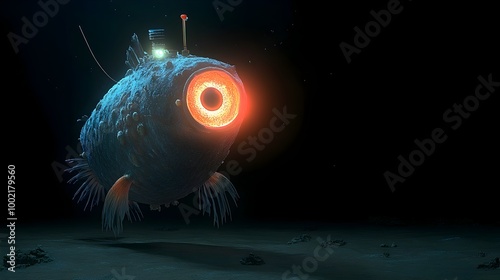 Close up of an anglerfish with its glowing lure illuminating the dark abyssal depths of the ocean revealing its bizarre and menacing features as it lurks and waits to ambush its prey photo