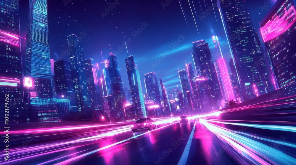 Fototapeta premium ネオンが輝くビル街の道路