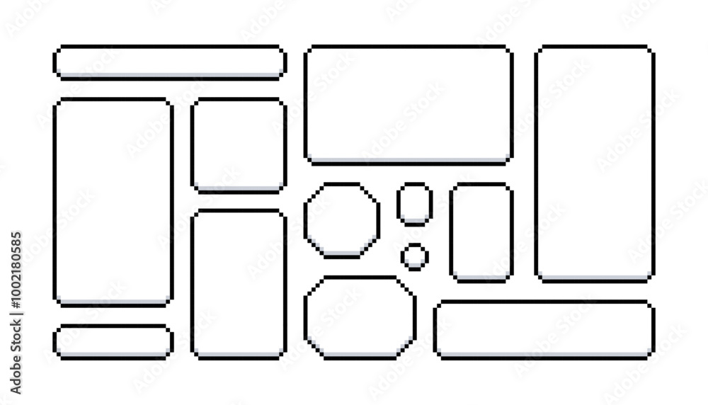 Pixel speech bubble. Pixel text box. Retro game chat frames. Message clouds. Bit dialog frames. Interface talk balloon. Vector illustration isolated on white background. Pixel speech bubble. Pixel text box. Retro game chat frames. Message clouds. Bit dialog frames. Interface talk balloon. Vector illustration isolated on white background.