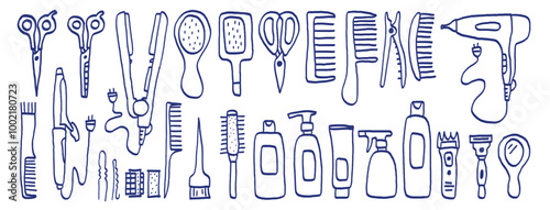 Hairdressing equipment. Professional hair dresser tools. Hand drawn sketch set. Blue pen or marker drawing. Vector barber. Hairdryer, scissors, comb, mirror, straightener and curler