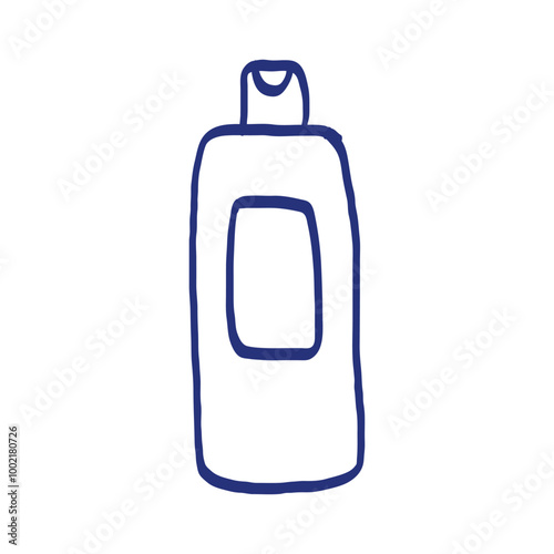 Cosmetics bottle with shampoo or balm. Hairdressing equipment. Hand drawn sketch. Blue pen or marker drawing. Primitive kids picture. Vector illustration