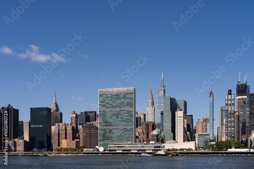 New York City skyline featuring the United Nations headquarters and surrounding skyscrapers on a clear day.