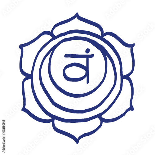 Swadhisthana icon. The second sacral chakra. Vector meditation sign. Hand drawn sketch. Blue pen or marker drawing.