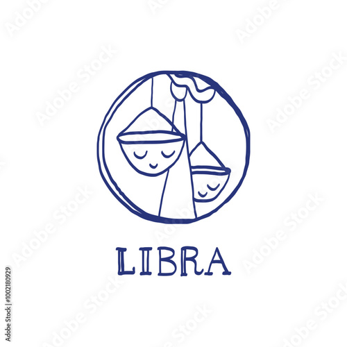 Libra zodiac sign. Hand drawn sketch. Blue pen or marker drawing. Astrological calendar, zodiacal round. Vector horoscope
