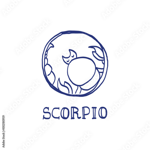 Scorpio zodiac sign. Hand drawn sketch. Blue pen or marker drawing. Astrological calendar, zodiacal round. Vector horoscope