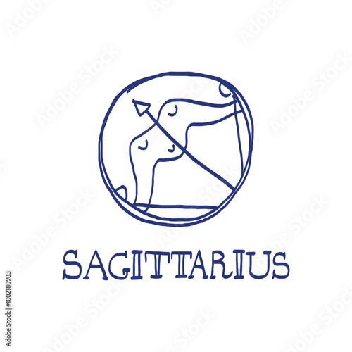 Sagittarius zodiac sign. Hand drawn sketch. Blue pen or marker drawing. Astrological calendar, zodiacal round. Vector horoscope