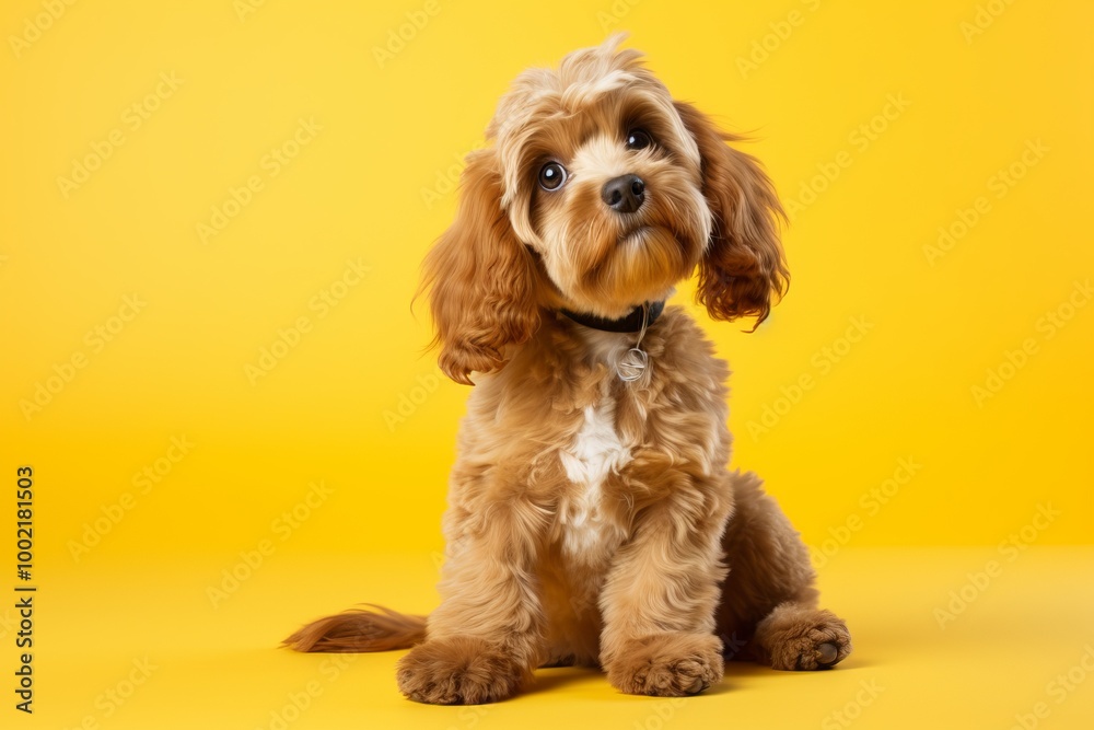 Cute brown dog with fluffy fur sitting against a vibrant yellow background during daylight hours Cute brown dog with fluffy fur sitting against a vibrant yellow background during daylight hours