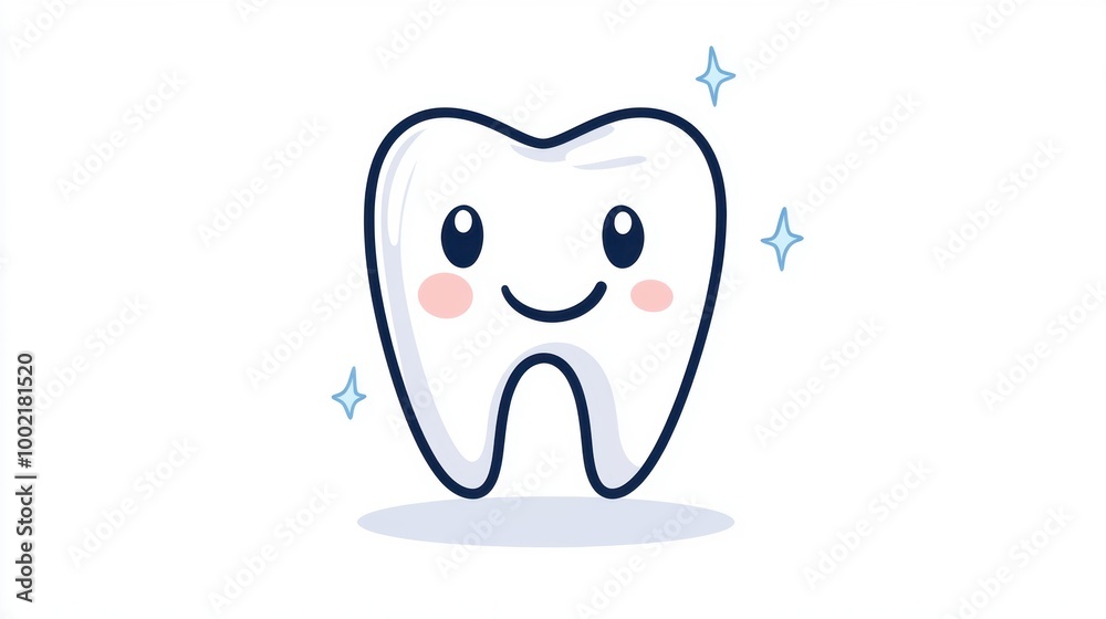 A simple, happy tooth illustration with sparkles representing healthy smile. Clean teeth and effective oral hygiene. A simple, happy tooth illustration with sparkles representing healthy smile. Clean teeth and effective oral hygiene.