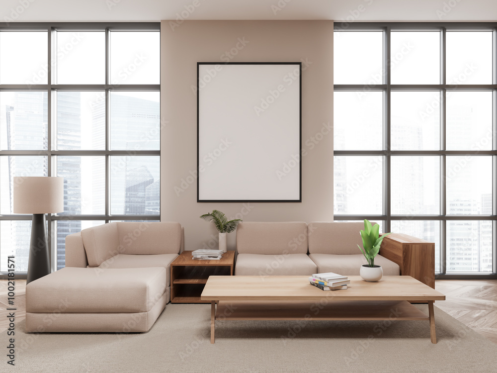 Fototapeta premium Modern living room featuring a blank framed poster on the wall, beige sofas, a wooden coffee table, and a tall lamp. Bright cityscape background, concept of interior design. 3D Rendering