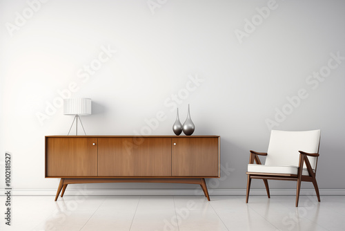 MidCentury Modern Living Room Interior with Wooden Cabinet White Chair and Lamp