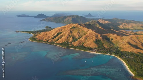 Aerial view of the Yasawa Islands at sunset photo