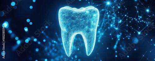 Glowing tooth in digital network representing future of dental care, with modern technology ensuring brighter and healthier smiles through innovative techniques.