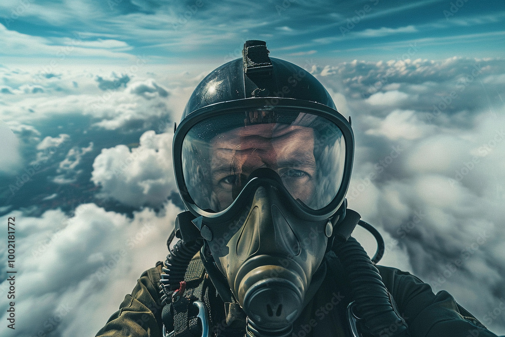 Parachutist with parachute makes heavenly adventure against backdrop of landscape Parachutist with parachute makes heavenly adventure against backdrop of landscape