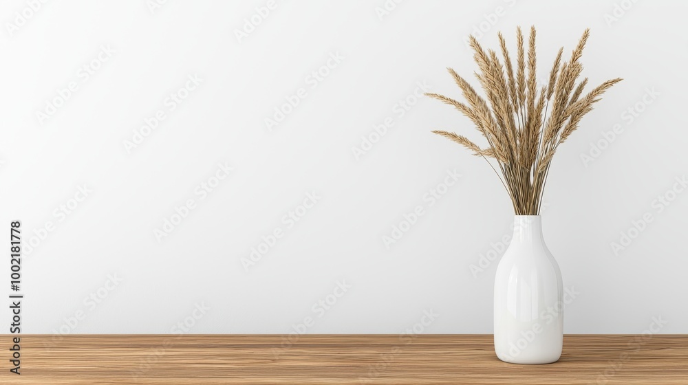 Modern White Ceramic Vase with Dry Grass on Wooden Table Modern White Ceramic Vase with Dry Grass on Wooden Table