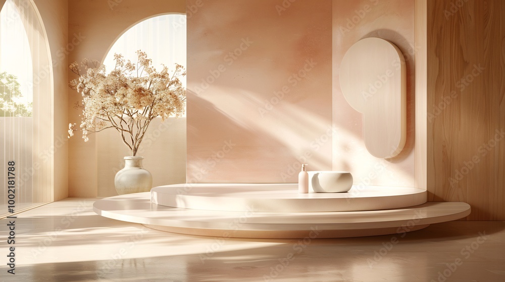 Abstract podium geometric forms in pastel and cream tones smooth and elegant design for showcasing luxury skincare products