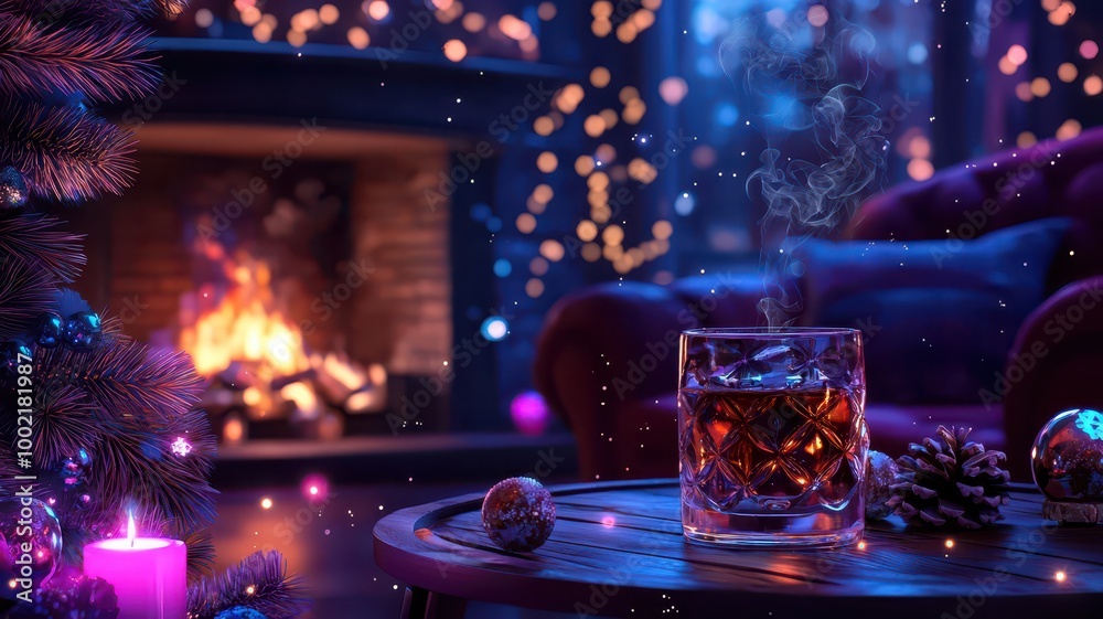 A cozy holiday scene featuring a glass of whiskey, a glowing fireplace, and festive decorations, creating a warm and inviting atmosphere. A cozy holiday scene featuring a glass of whiskey, a glowing fireplace, and festive decorations, creating a warm and inviting atmosphere.