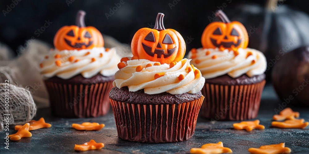 Halloween cupcakes with jack-o'-lantern toppers, frosting, and festive decorations in a dark Halloween setting. Halloween cupcakes with jack-o'-lantern toppers, frosting, and festive decorations in a dark Halloween setting.
