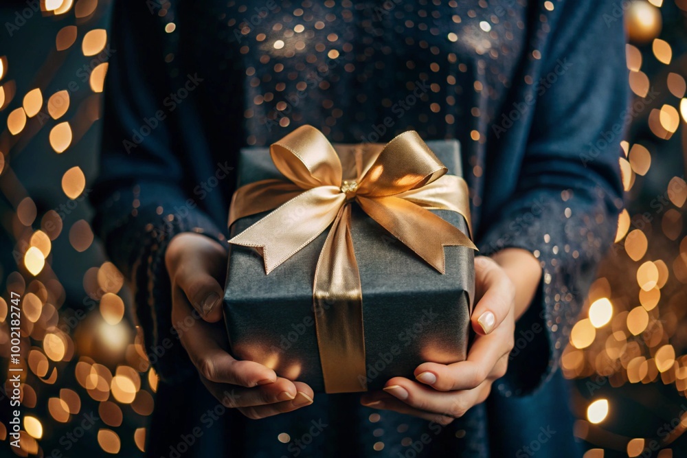 A woman in a stylish festive dress holds a gift box with a satin ribbon bow on a black background with a beautiful side.