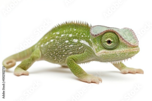 Chameleon Portrait. White Background with Green Lizard in Isolated Setting