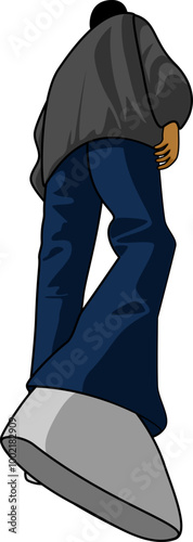 Low angle view of nighttime walking illustration. Vector art of a man leisurely walking in dark clothes, perfect for urban, streetwear, and nighttime themed designs.