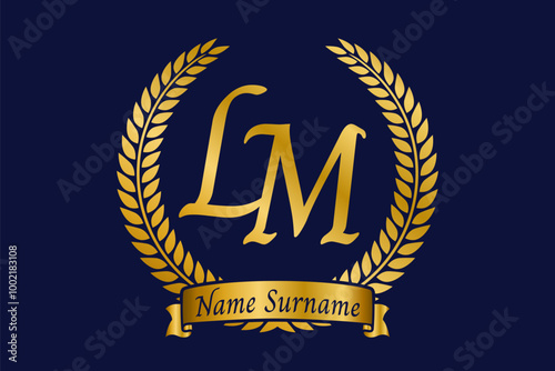 Initial letter L and M, LM monogram logo design with laurel wreath. Luxury golden calligraphy font.