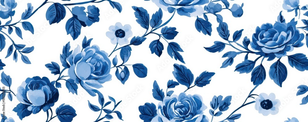 A floral pattern featuring blue roses on a white background, evoking a classic and elegant aesthetic. A floral pattern featuring blue roses on a white background, evoking a classic and elegant aesthetic.