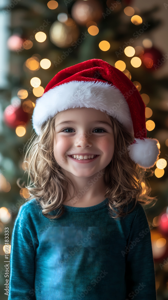 Smiling young girl in Santa hat, standing in front of a beautifully lit Christmas tree, capturing the joy and warmth of the festive season with glowing bokeh lights. Smiling young girl in Santa hat, standing in front of a beautifully lit Christmas tree, capturing the joy and warmth of the festive season with glowing bokeh lights.