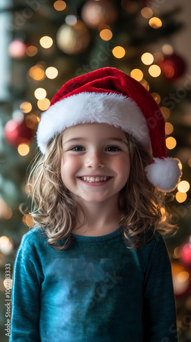 Smiling young girl in Santa hat, standing in front of a beautifully lit Christmas tree, capturing the joy and warmth of the festive season with glowing bokeh lights.