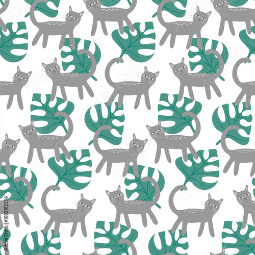 seamless background with gray cats and monstera leaves. 