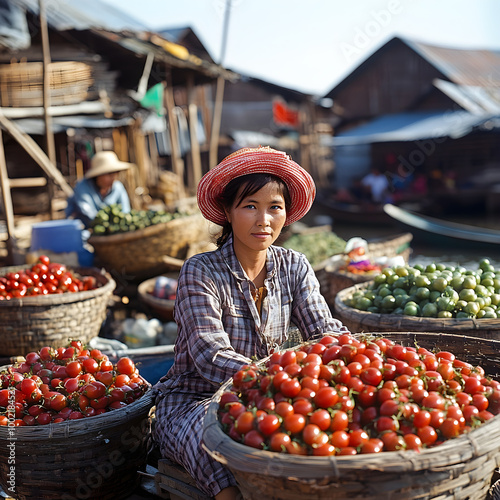 Burmese woman selling tomatoes at inle lake floating market