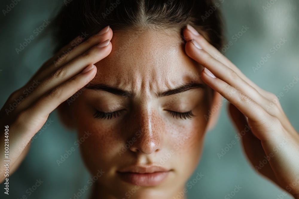 Woman Gently Massaging Forehead for Relaxation Woman Gently Massaging Forehead for Relaxation