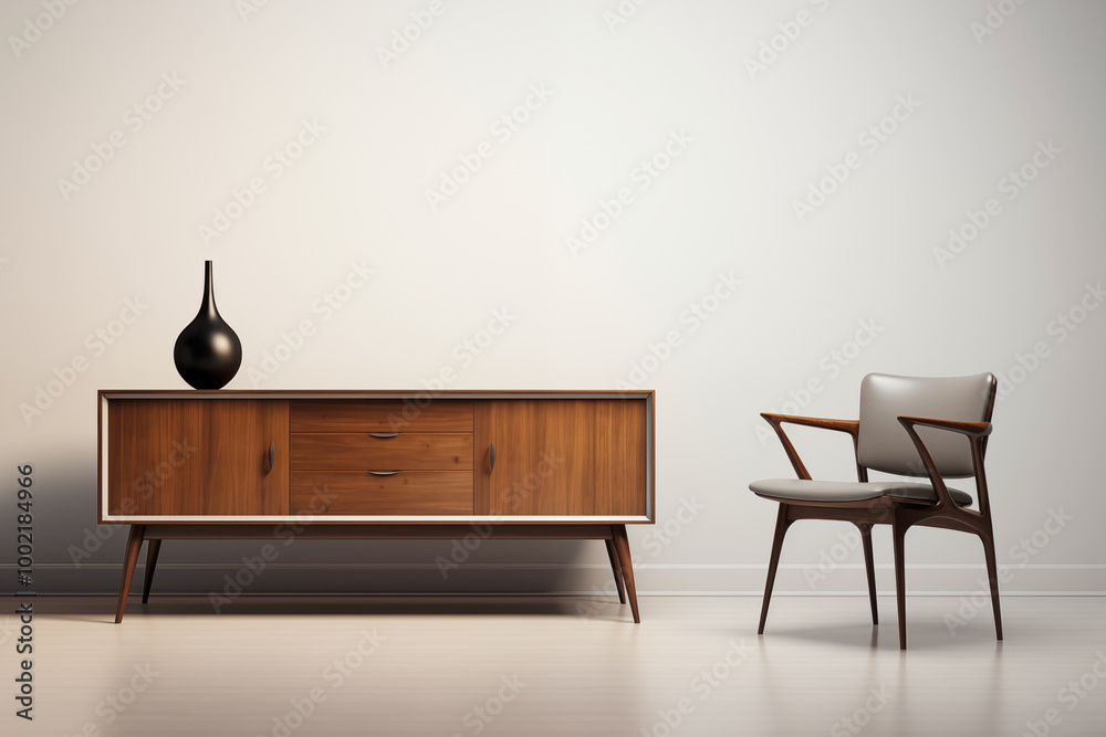 MidCentury Modern Sideboard with Chair and Vase MidCentury Modern Sideboard with Chair and Vase