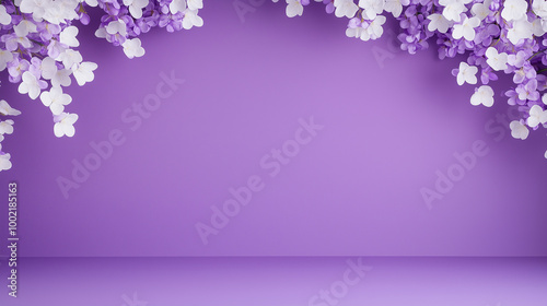 Fototapeta Naklejka Na Ścianę i Meble -  A vibrant purple wall is adorned with delicate white flowers cascading from either side, creating a beautiful and feminine backdrop. 