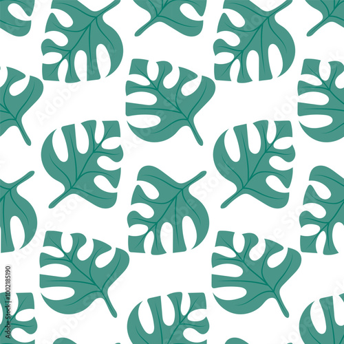 seamless background, pattern with monstera leaves on white.