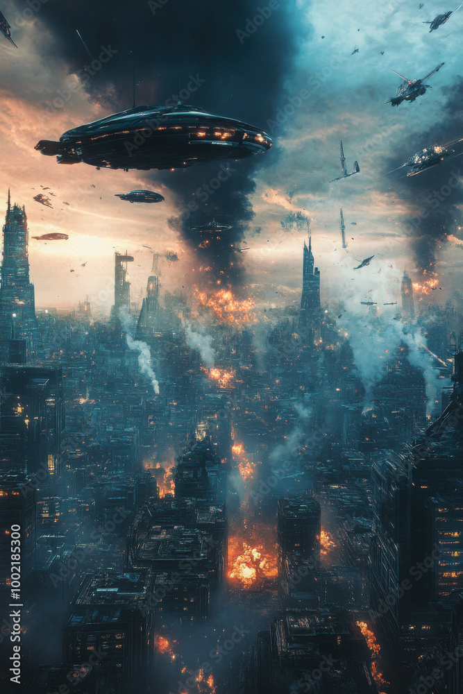 Apocalyptic cityscape with massive destruction, burning buildings, and futuristic flying vehicles in a dark, smoke-filled sky. Apocalyptic cityscape with massive destruction, burning buildings, and futuristic flying vehicles in a dark, smoke-filled sky.