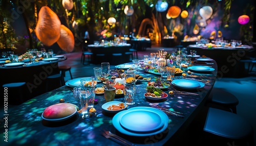 Fototapeta Naklejka Na Ścianę i Meble -  Tilted perspective of a fairy-tale banquet, vibrant colors illuminate fantastical dishes, fantasy worlds infused with culinary creativity, dreamlike ambiance