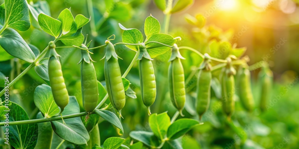 Obraz premium In a radiant summer garden, young organic green pea pods dangle from sun-kissed bushes, contributing to a lively,